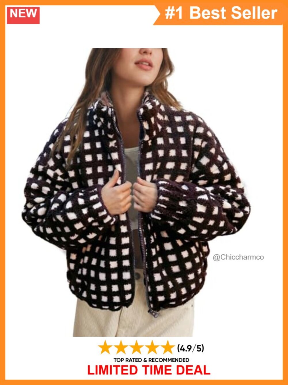 Womens Cropped Sherpa Fleece Plaid Zip Up Jacket